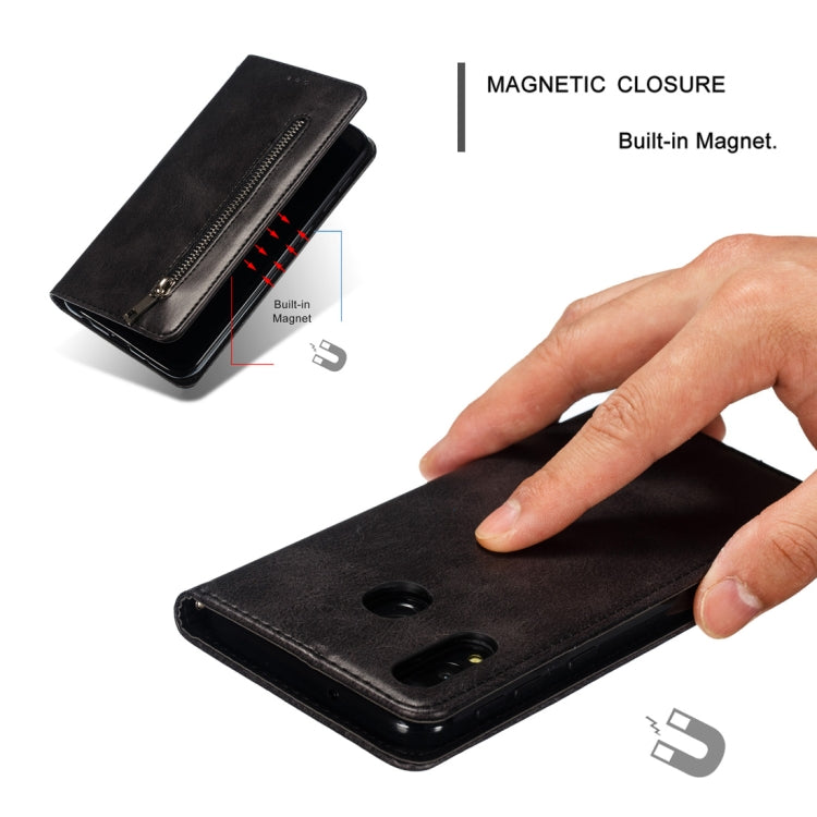 Calf Texture Zipper Magnetic Horizontal Flip Leather Case for Galaxy M20, with Wallet & Holder & Card Slots