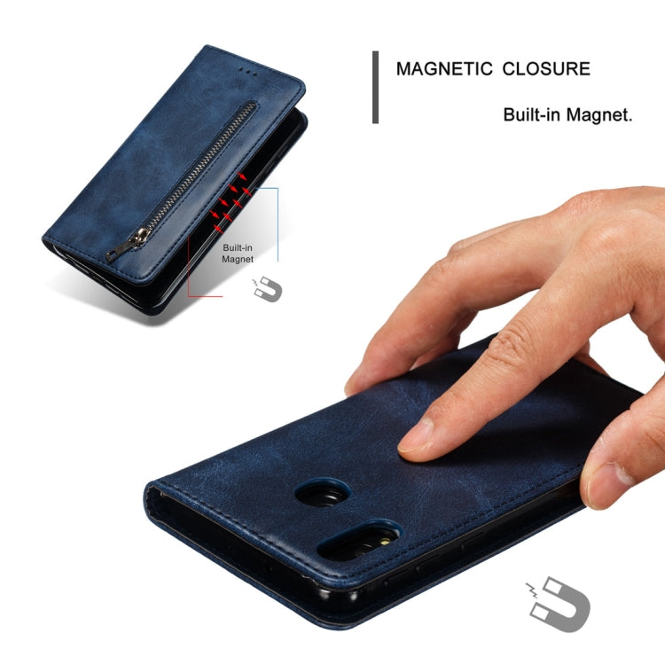 Calf Texture Zipper Magnetic Horizontal Flip Leather Case for Galaxy M20, with Wallet & Holder & Card Slots