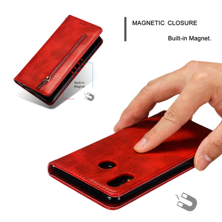 Calf Texture Zipper Magnetic Horizontal Flip Leather Case for Galaxy M20, with Wallet & Holder & Card Slots