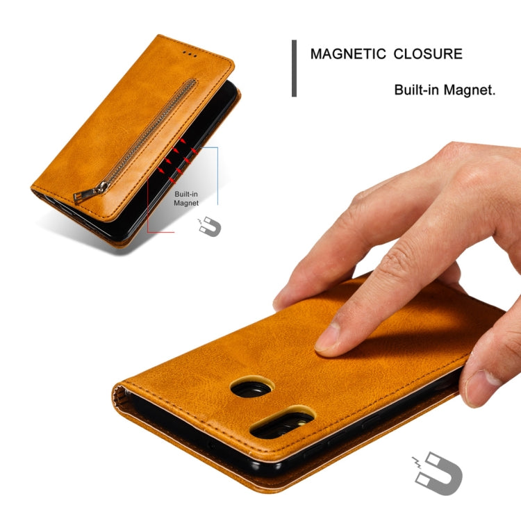 Calf Texture Zipper Magnetic Horizontal Flip Leather Case for Galaxy M20, with Wallet & Holder & Card Slots