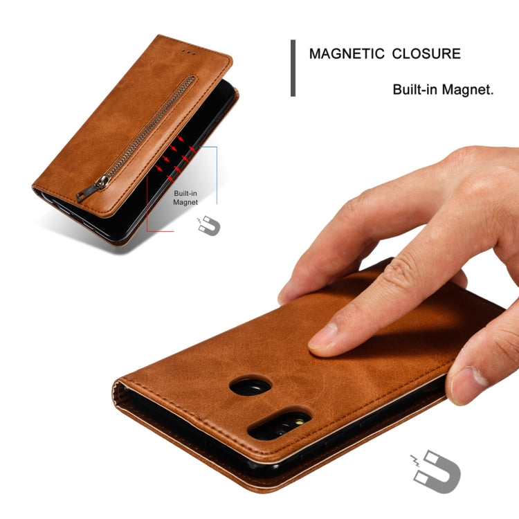Calf Texture Zipper Magnetic Horizontal Flip Leather Case for Galaxy M20, with Wallet & Holder & Card Slots