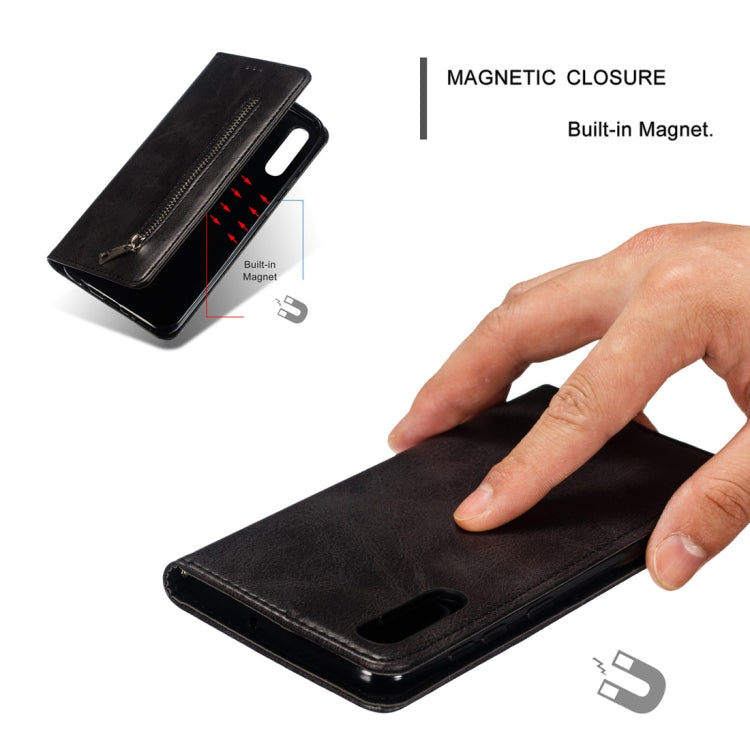 Calf Texture Zipper Magnetic Horizontal Flip Leather Case for Galaxy A50, with Wallet & Holder & Card Slots
