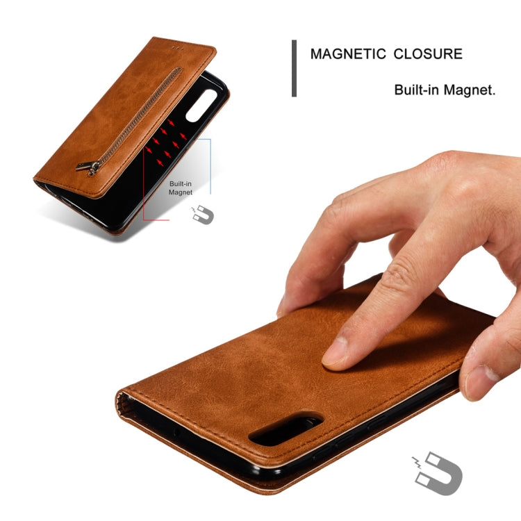 Calf Texture Zipper Magnetic Horizontal Flip Leather Case for Galaxy A50, with Wallet & Holder & Card Slots