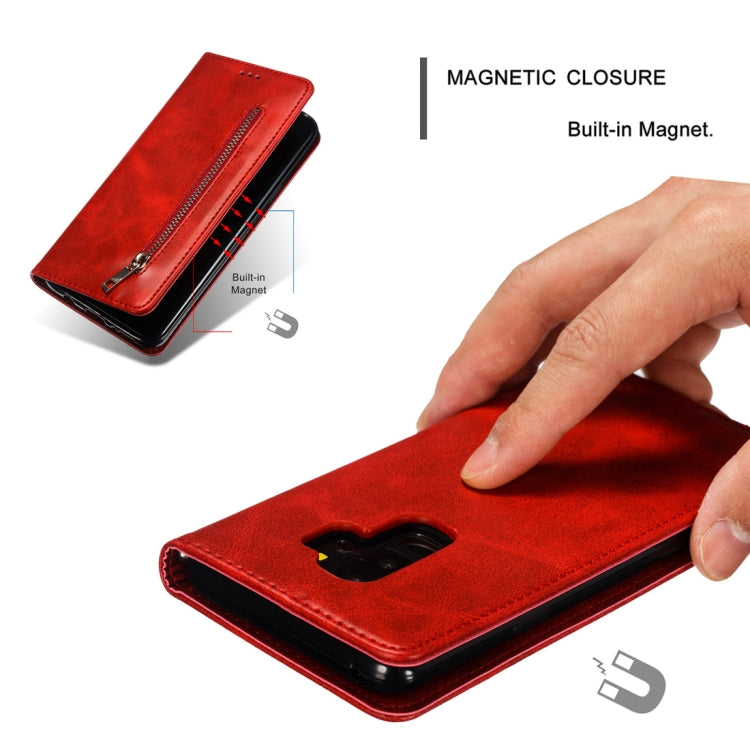 Calf Texture Zipper Magnetic Horizontal Flip Leather Case for Galaxy S9+, with Wallet & Holder & Card Slots