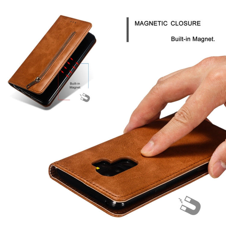 Calf Texture Zipper Magnetic Horizontal Flip Leather Case for Galaxy S9+, with Wallet & Holder & Card Slots