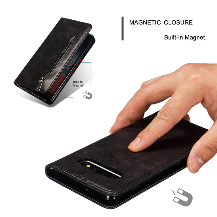 Calf Texture Zipper Magnetic Horizontal Flip Leather Case for Galaxy S10+, with Wallet & Holder & Card Slots