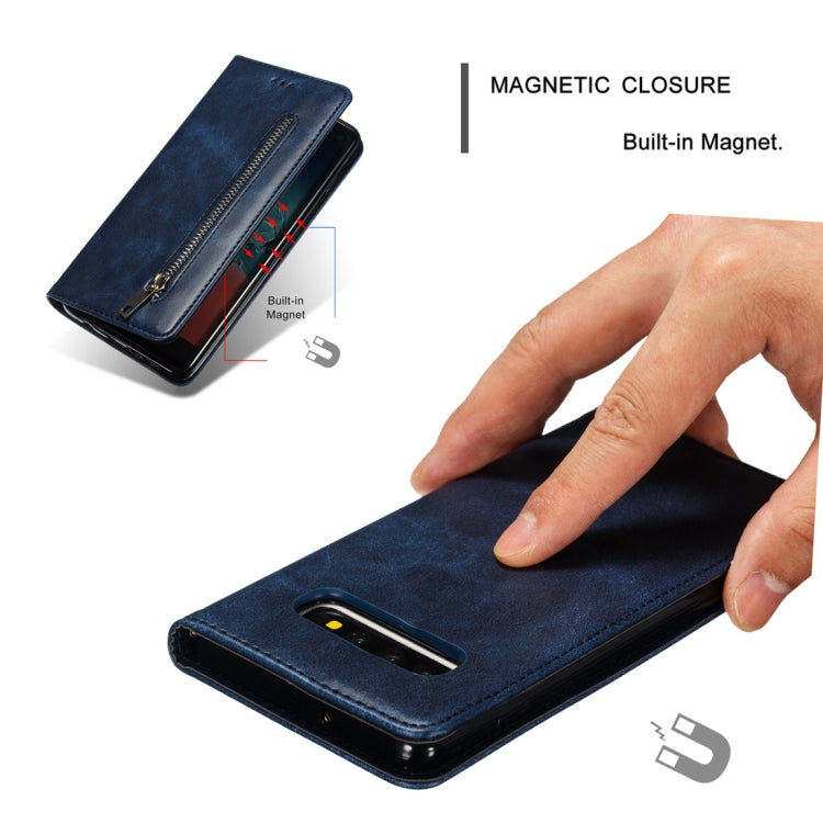 Calf Texture Zipper Magnetic Horizontal Flip Leather Case for Galaxy S10+, with Wallet & Holder & Card Slots