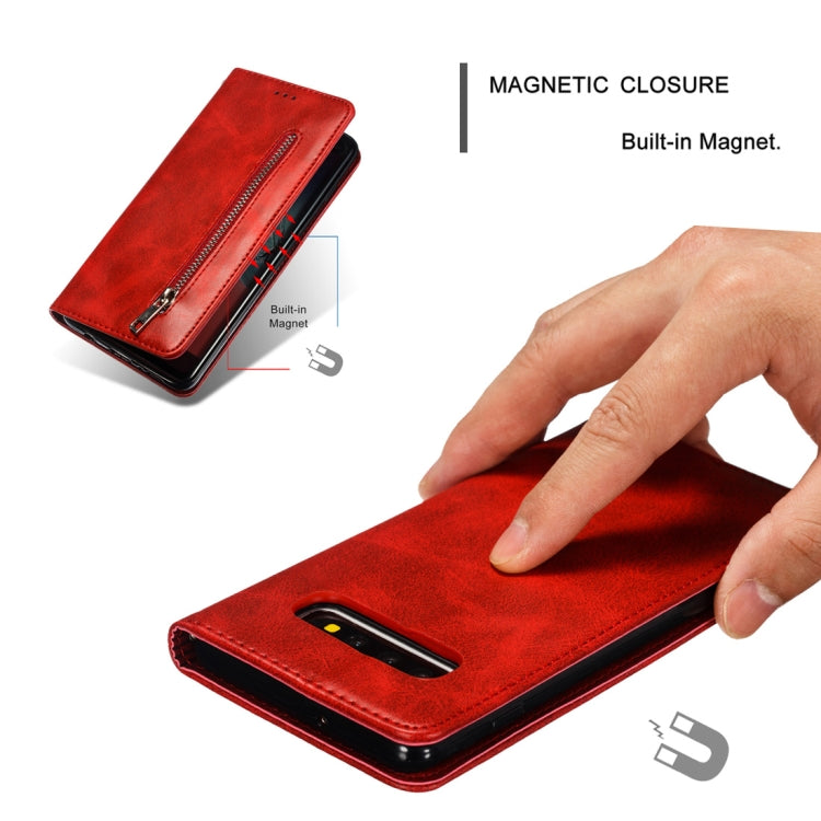 Calf Texture Zipper Magnetic Horizontal Flip Leather Case for Galaxy S10+, with Wallet & Holder & Card Slots