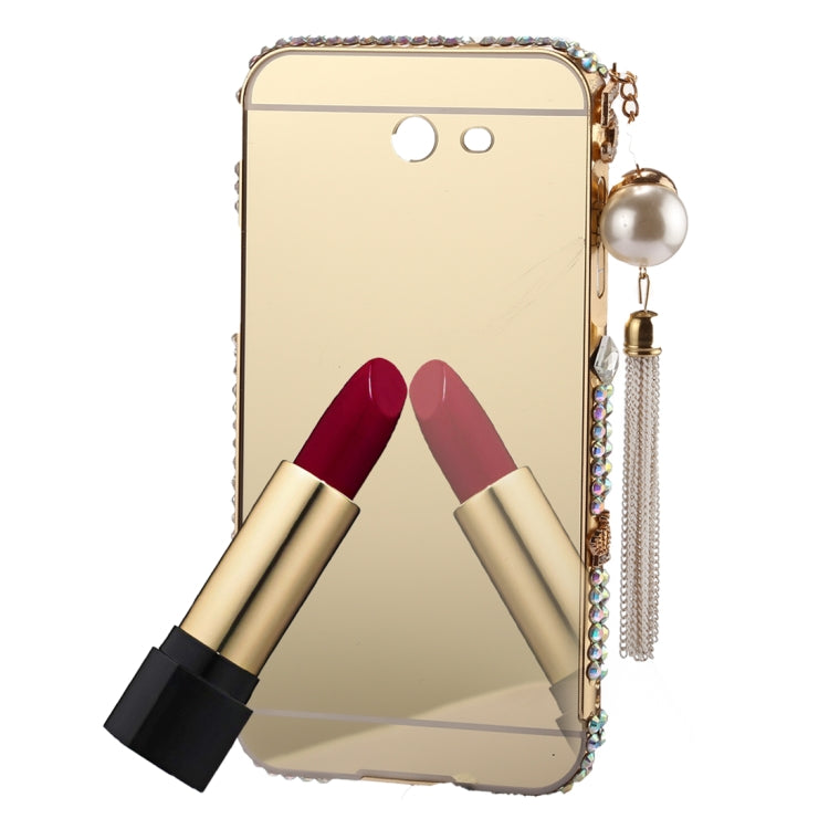 For Galaxy J3 (2017) (US Version) Pearl Chain Pendant Diamond Encrusted Electroplating Mirror PC Protective Cover Case