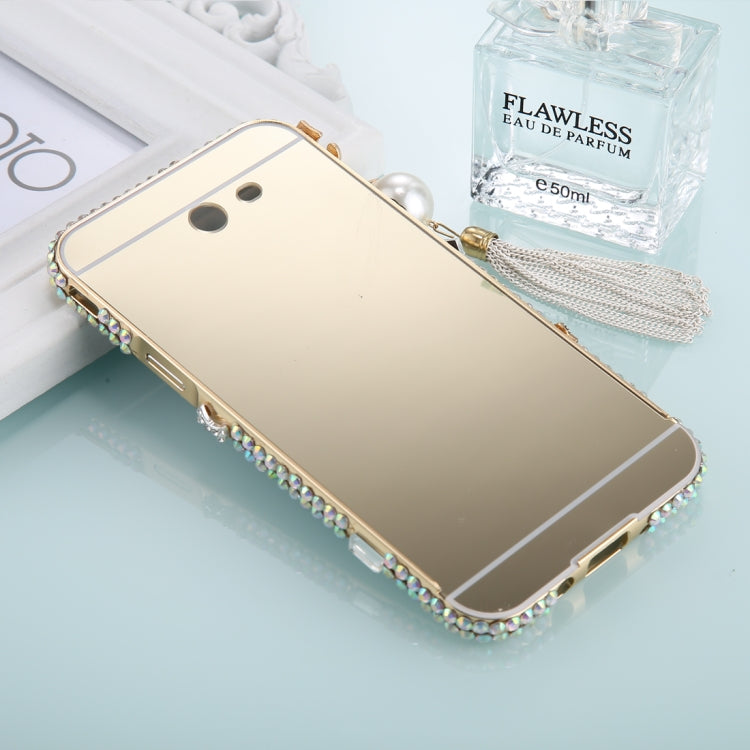 For Galaxy J3 (2017) (US Version) Pearl Chain Pendant Diamond Encrusted Electroplating Mirror PC Protective Cover Case