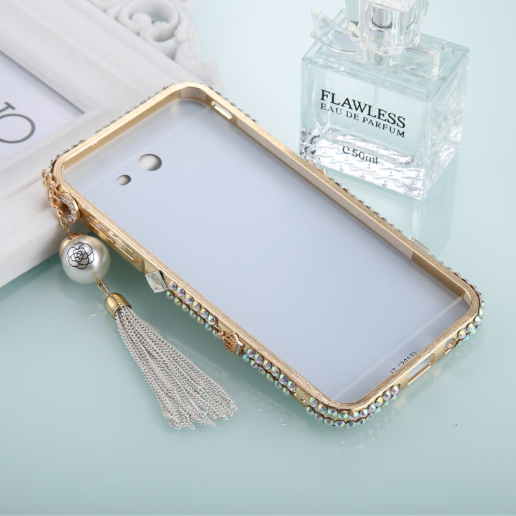 For Galaxy J3 (2017) (US Version) Pearl Chain Pendant Diamond Encrusted Electroplating Mirror PC Protective Cover Case