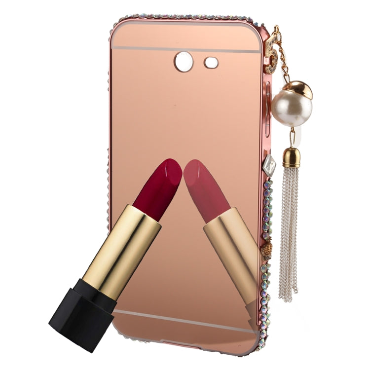 For Galaxy J3 (2017) (US Version) Pearl Chain Pendant Diamond Encrusted Electroplating Mirror PC Protective Cover Case