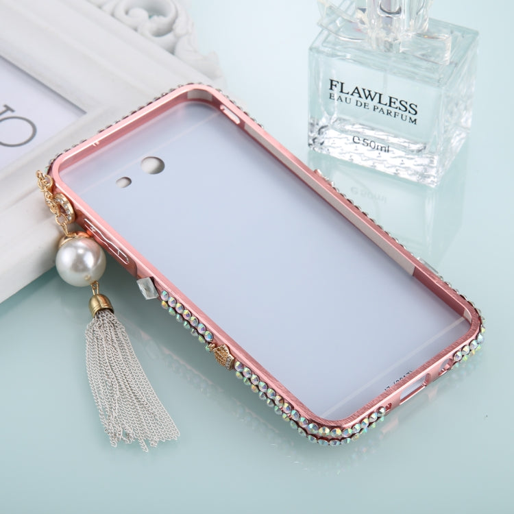 For Galaxy J3 (2017) (US Version) Pearl Chain Pendant Diamond Encrusted Electroplating Mirror PC Protective Cover Case