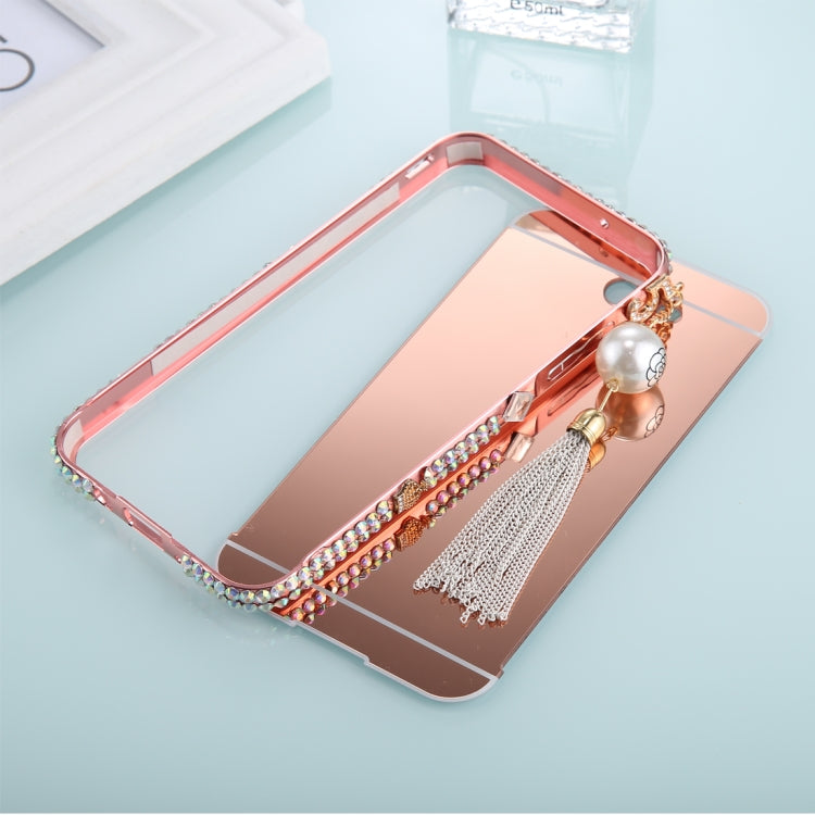 For Galaxy J3 (2017) (US Version) Pearl Chain Pendant Diamond Encrusted Electroplating Mirror PC Protective Cover Case