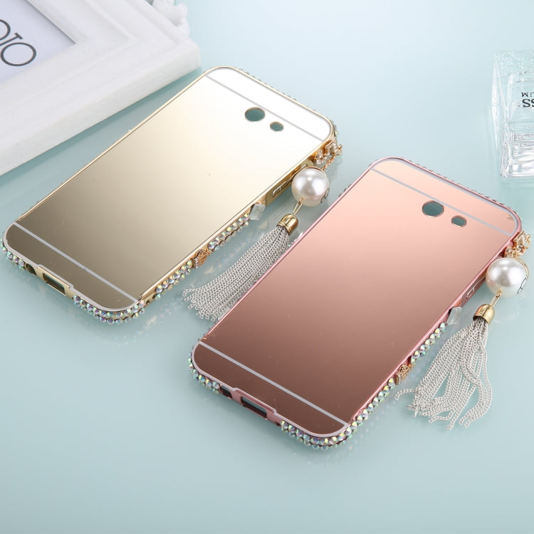 For Galaxy J3 (2017) (US Version) Pearl Chain Pendant Diamond Encrusted Electroplating Mirror PC Protective Cover Case