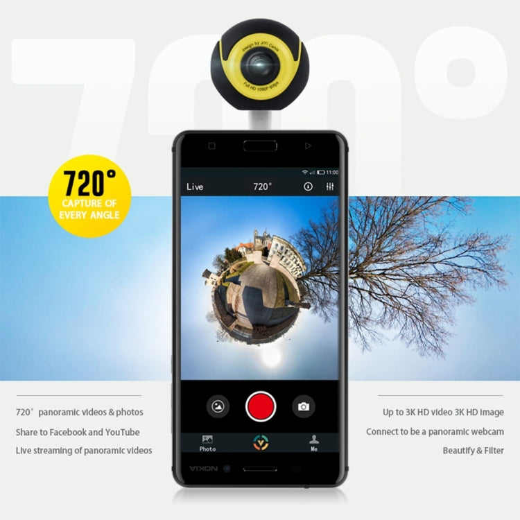 T3 720 Degree 2048*1024 Pixel Panoramic VR Camera Dual Spherical Fisheye Lens with Micro USB Plug & Micro USB Adapter, For Samsung, Huawei, Xiaomi, Meizu etc. And Other Android Smartphones