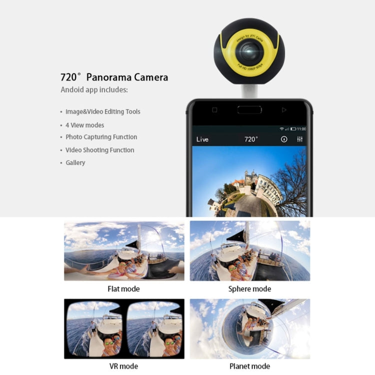 T3 720 Degree 2048*1024 Pixel Panoramic VR Camera Dual Spherical Fisheye Lens with Micro USB Plug & Micro USB Adapter, For Samsung, Huawei, Xiaomi, Meizu etc. And Other Android Smartphones