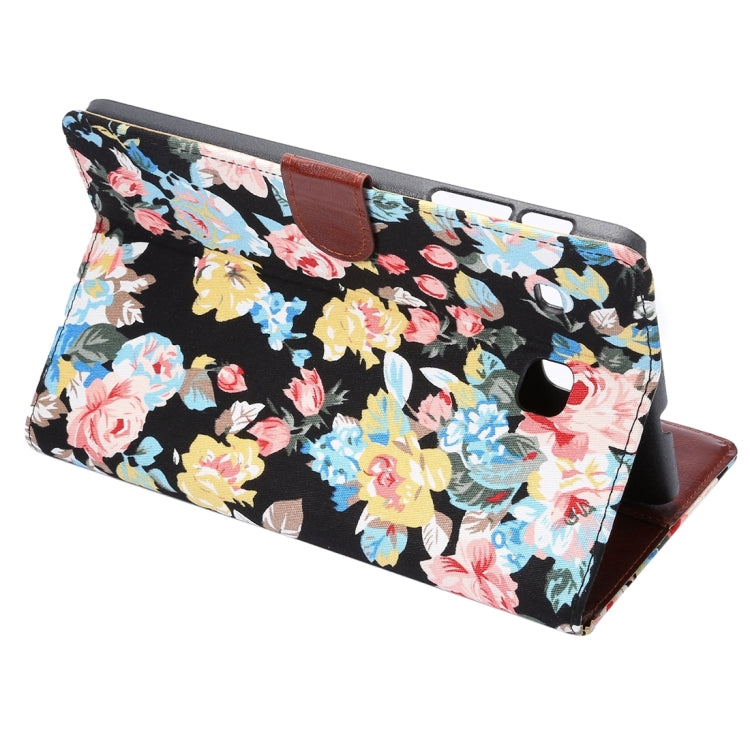 Flower Pattern Cloth Surface Horizontal Flip Leather Case with Holder & Card Slot & Wallet & Sleep / Wake-up Function for Galaxy Tab E 8.0 / T377V(Black)