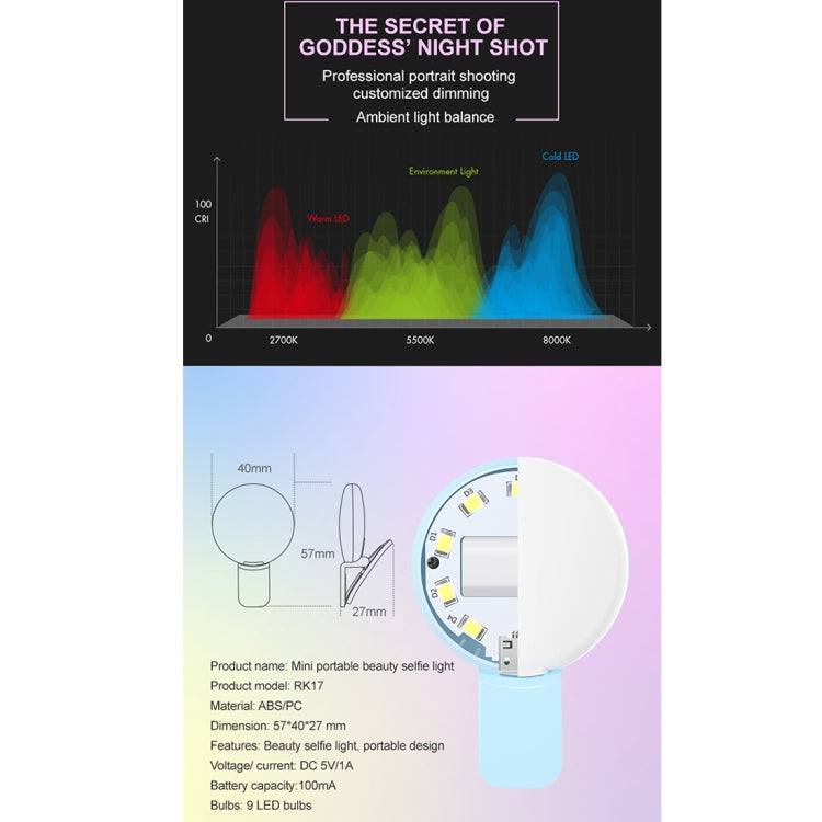 RK17 Mini and Portable Live Show Beauty Artifact 3 Levels of Brightness Warm and White Light Fill Light with 9 LED Light, For iPhone, Galaxy, Huawei, Xiaomi, LG, HTC and Other Smart Phones