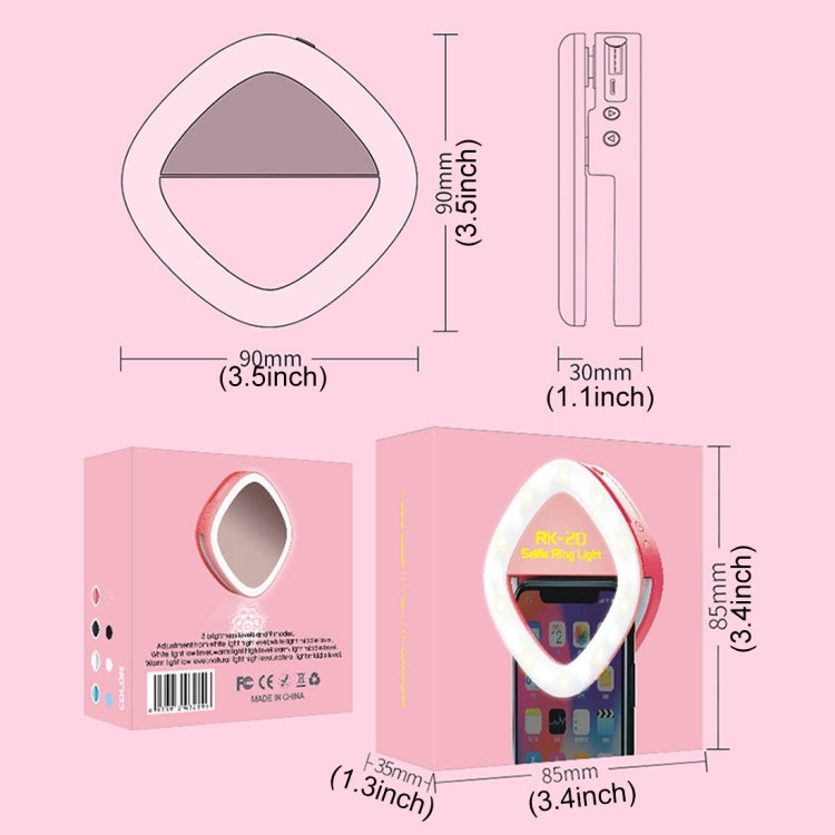 RK20 Mini and Portable Selfie Artifact 3 Levels of Brightness Cold and Warm Light Fill Light, For iPhone, Galaxy, Huawei, Xiaomi, LG, HTC and Other Smart Phones