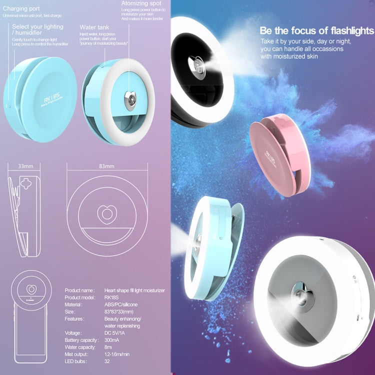 RK18S 3 Levels of Brightness 33-Led Beauty Moisturizing Mist Selfie Clip Fill Light, For iPhone, Galaxy, Huawei, Xiaomi, LG, HTC and Other Smart Phones