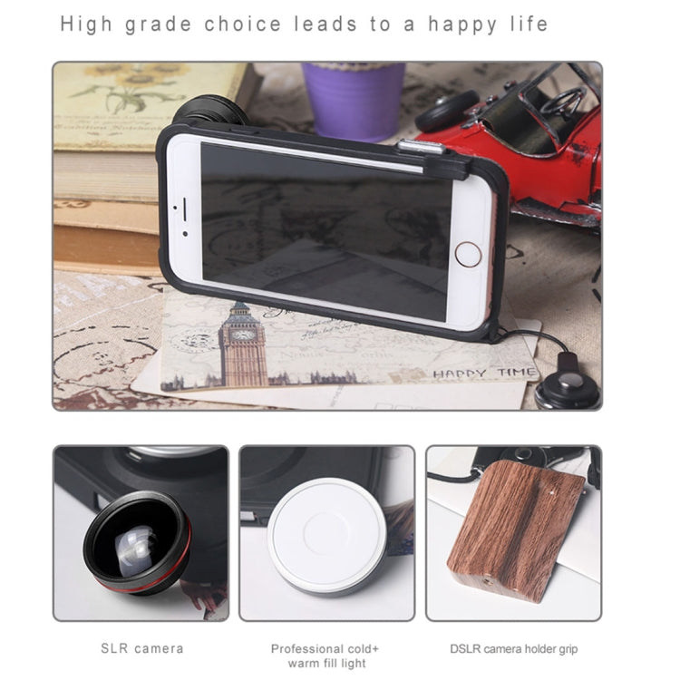 RK23 for iPhone 8 & 7 Selfie 9 Levels of Brightness Beauty Fill Light Phone Case, With Wide Angle + Macro + Fisheye Lens(Black)