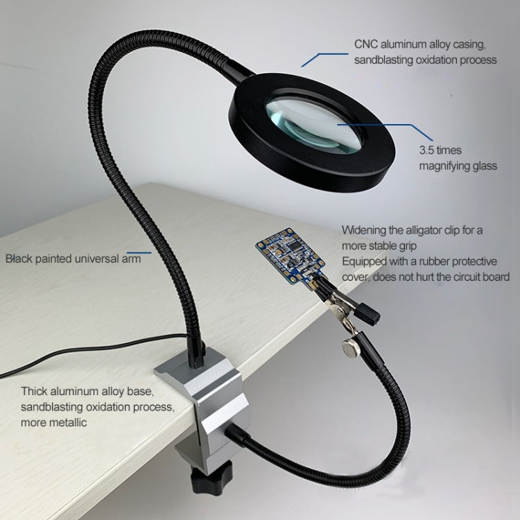 Aluminum Table Clamp Soldering Iron Holder Soldering Station PCB Fixture with Metal Arm & LED Magnifying Glass