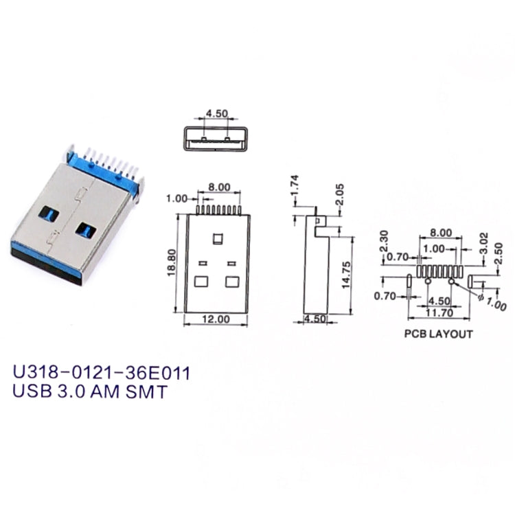 50 PCS Unique Welding Plate 180 Degrees 9 Pin USB 3.0 A Male Jack Plug SMT