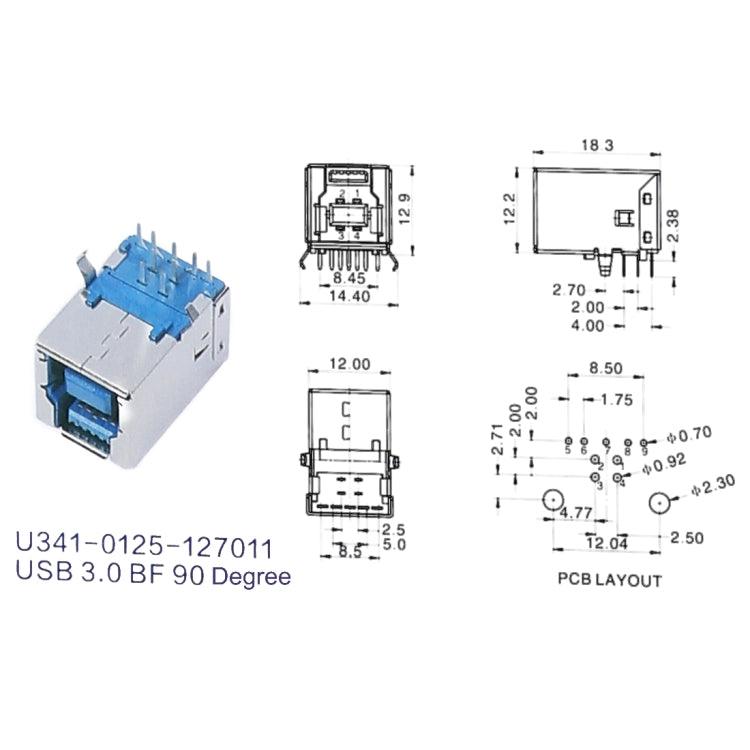 50 PCS USB 3.0 BF Type 90 Degrees DIP Bent Feet for Printer Inference