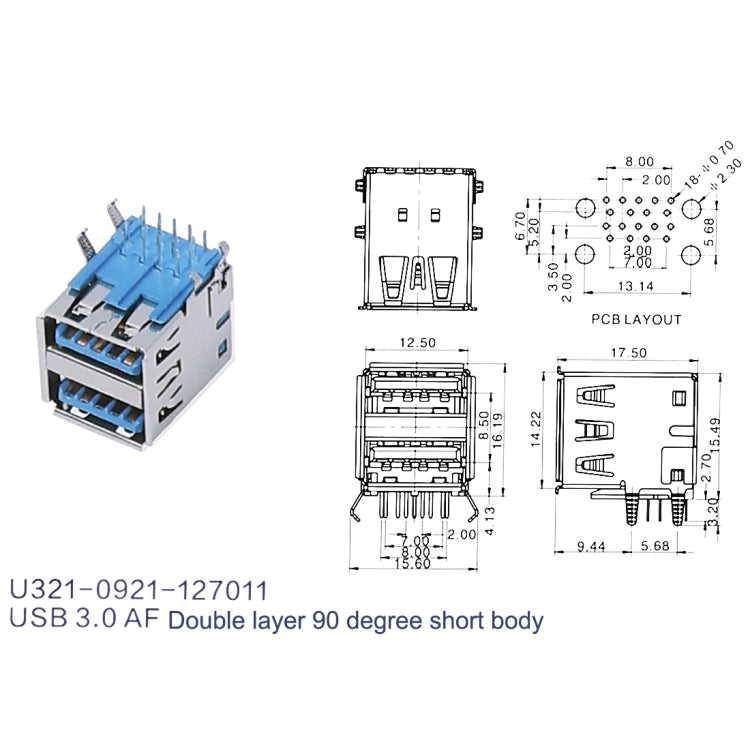 50 PCS 90 Degrees USB 3.0 Receptacle Connector in Double Dip Type