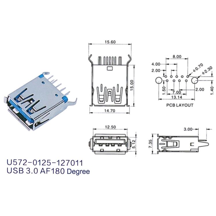 50 PCS 180 Degrees Elbow Angle USB 3.0 AF Connector Solder PAD Material SPCC