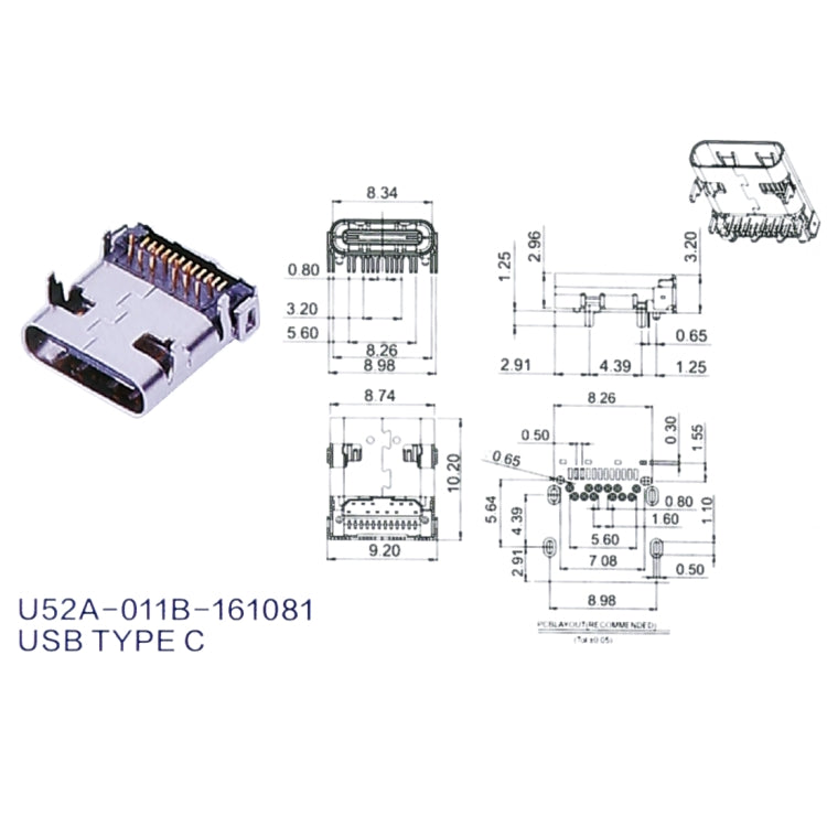50 PCS USB-C / Type-C Female Host 24 Pin Terminal 12 Vertical 12 Attached Connector