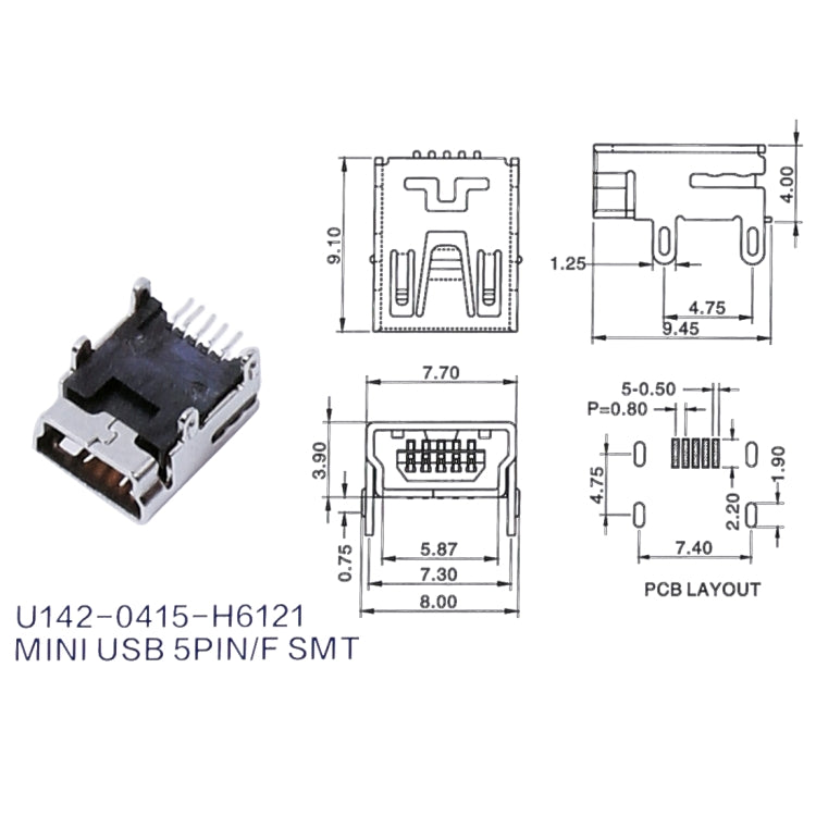 50 PCS Mini USB 5P/F SMT 4 Foot Pin LCP Black Plastic Core Copper Shell Electroplated Nickel Connector