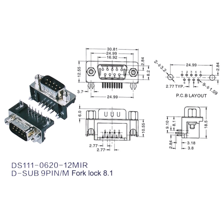 50 PCS DB 9 Pin Male Assembly PCB Solder Type Connector