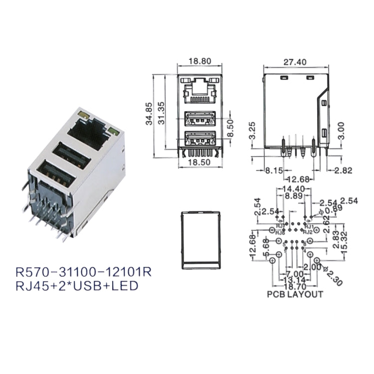 50 PCS RJ45 Mesh Port with Double-layer USB & LED Light & Production Date, PBT Black Rubber Core, Iron case, Terminal Electroplating Semi-tin 1u