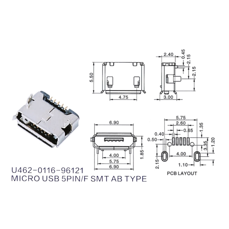 50 PCS Micro USB 5P/F Fixation Pin 5.9 Belt, Electroplated and Coated with Tin Film, H Type