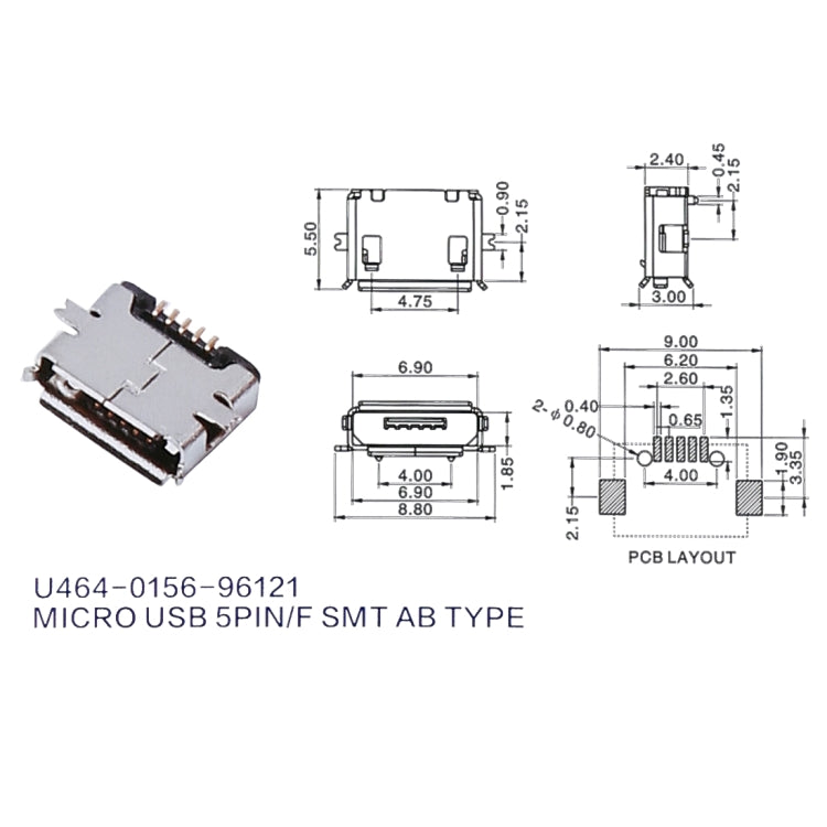 50 PCS Micro USB 5P/F Fixation Pin SMT, Electroplated and Coated with Tin Film, H Type