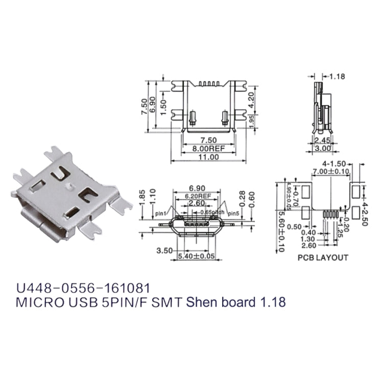 50 PCS Micro USB 5P/F SMT Heavy Plate Fixed Foot 1.27 with Crimping, H Type