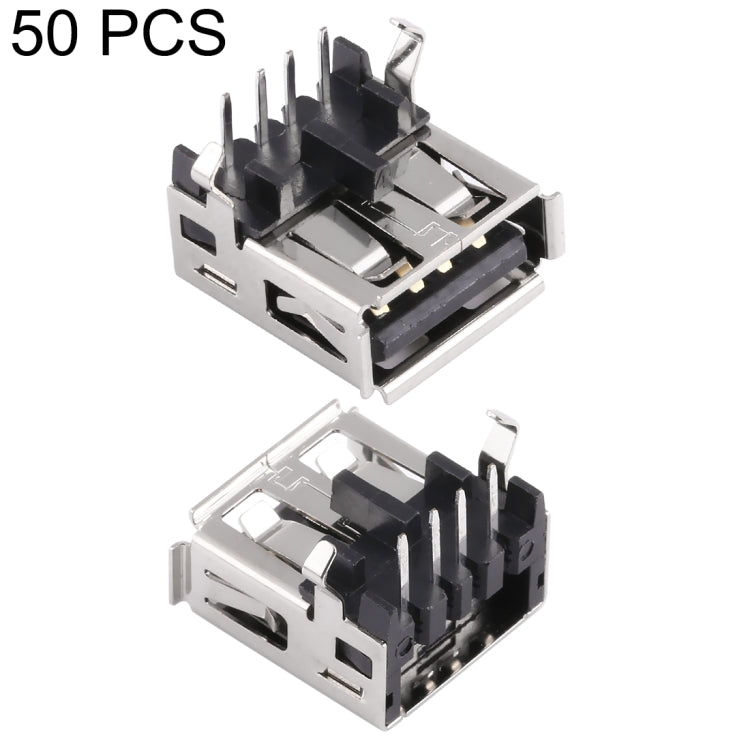 50 PCS USB 2.0 Connector AF 90 Degrees Fixation Pin Black Rubber Core, Phosphorous Copper Shell, Phosphorous Copper Terminal, Electroplated Semi-tin 1u