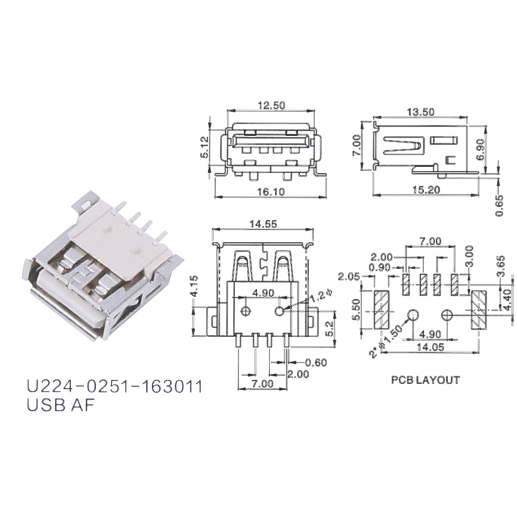 50 PCS USB 2.0 Connector AF Terminal Fixation Pin without Coil, Side Column Spacing 1.2, LCP Beige Yellow, Iron Case, Electroplated Semi-tin 1u