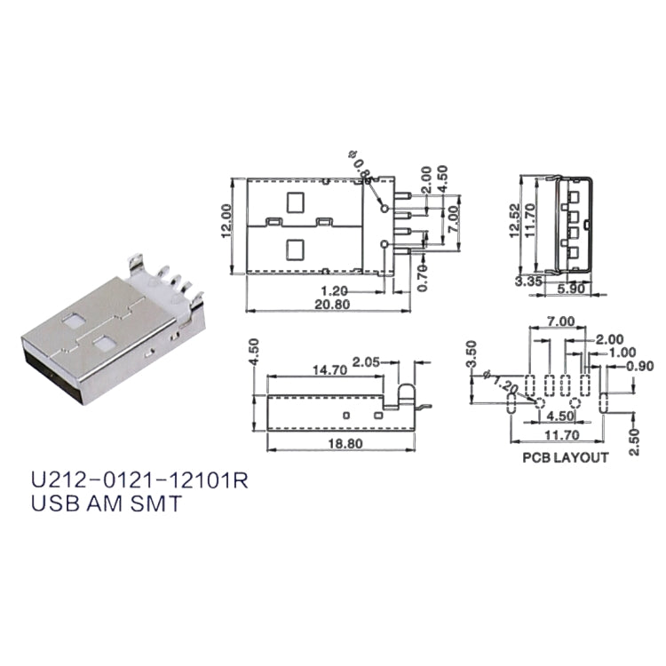 50 PCS USB 2.0 AM SMT Socket Connector, PBT Black, Iron Case, Electroplated Semi-tin 1u