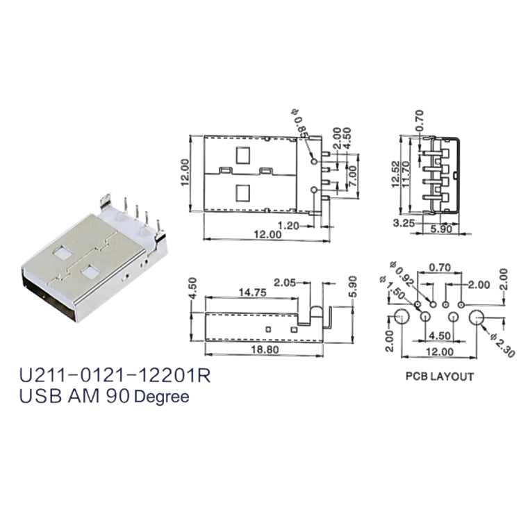 50 PCS USB 2.0 AM 90 Degrees Socket Connector, PBT White, Iron Case, Electroplated Semi-tin 1u