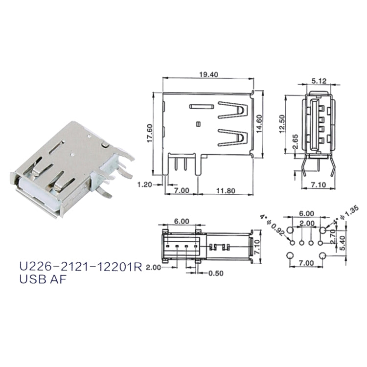 50 PCS USB 2.0 AF Side Plug  Connector with Edge, PBT White, Iron Case, Electroplated Semi-tin 1u