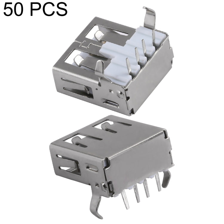 50 PCS USB 2.0 AF 90 Degrees Bent Feet Connector without Edge, PBT White, Iron Case, Electroplated Semi-tin 1u