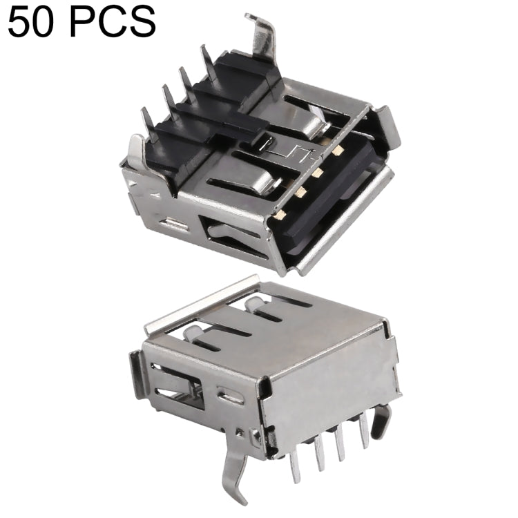 50 PCS USB 2.0 AF 90 Degrees Bent Feet Connector with Edge, PBT Black, Iron Case, Electroplated Semi-tin 1u