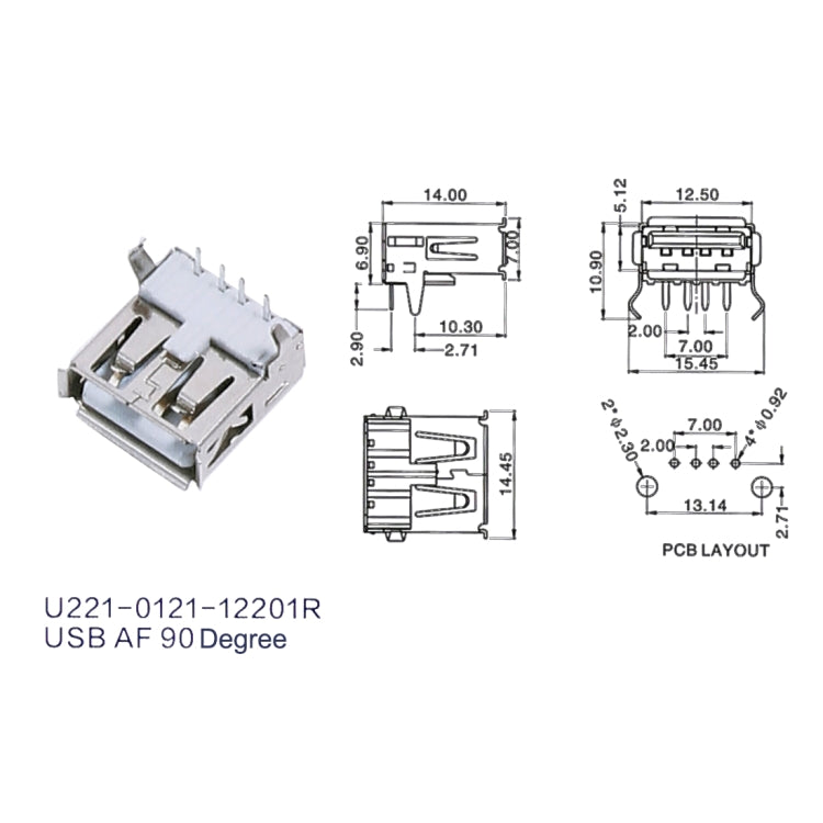 50 PCS USB 2.0 AF 90 Degrees Bent Feet Connector with Edge, PBT White, Iron Case, Electroplated Semi-tin 1u