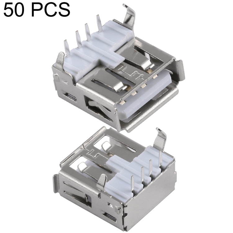 50 PCS USB 2.0 AF 90 Degrees Bent Feet Connector with Edge, PBT White, Iron Case, Electroplated Semi-tin 1u