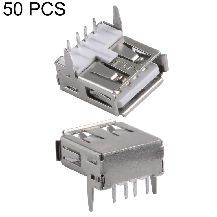 50 PCS USB 2.0 AF 90 Degrees Straight Feet Connector with Edge, PBT White, Iron Case, Electroplated Semi-tin 1u