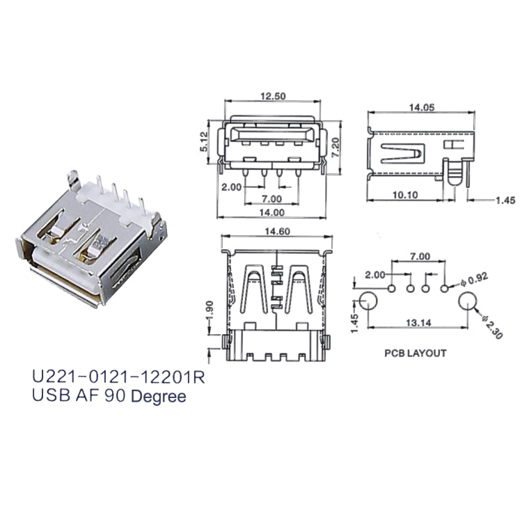 50 PCS USB 2.0 AF 90 Degrees Heavy Plate Connector with Edge, PBT White, Iron Case, Electroplated Semi-tin 1u