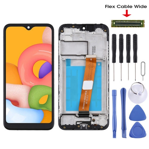 OEM LCD Screen (Flex Cable Wide) for Samsung Galaxy A01 Digitizer Full Assembly with Frame (Black)